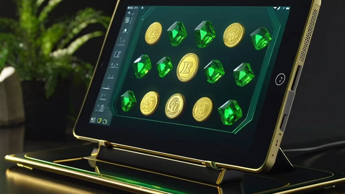 Tablet con una tragamonedas de esmeraldas verdes y monedas doradas en pantalla