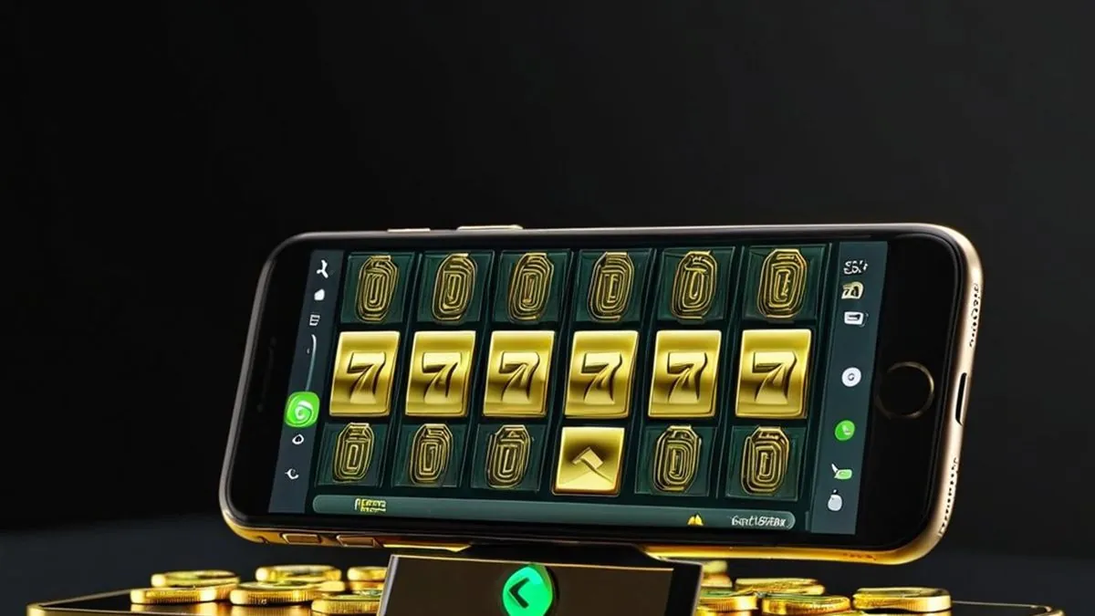 Celular en una base dorada con una tragamonedas de sietes dorados y monedas alrededor