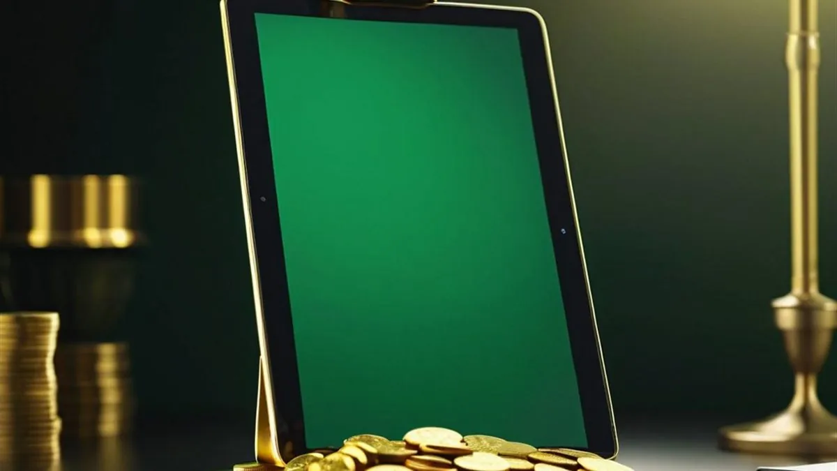 Tablet con pantalla verde y una corona dorada junto a un montón de monedas