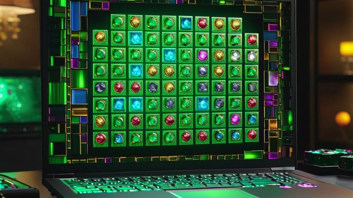 Laptop con un catálogo de juegos con gemas de colores sobre fondo verde